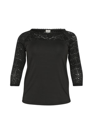 Black top featuring 3/4 lace sleeves and a smooth body. Lace has floral patterns with scalloped edges at the neckline.