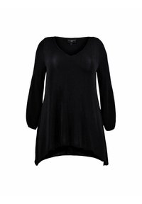 Camiseta negra de punto con escote en V, mangas largas y una silueta fluida. La tela tiene un ligero brillo y un dobladillo ligeramente curvado.