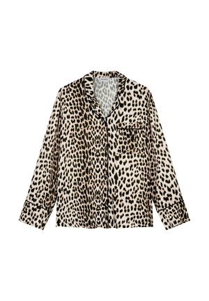 Långärmad pyjamaströja med leopardmönster i beige och bruna färger, med en notchkrage, ficka och svarta pipningar längs kanterna.