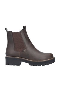 Bottine Chelsea en cuir marron foncé avec panneau latéral élastique, tirants, semelle en caoutchouc épaisse et coutures visibles, présentée de profil sur fond blanc.