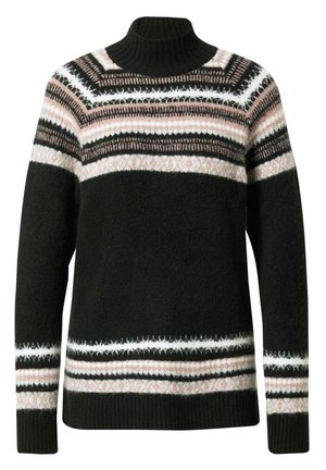 Maglione a collo alto nero con strisce orizzontali a motivo bianco, rosa e marrone su petto, maniche e orlo.