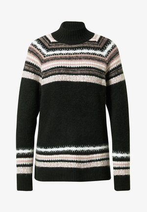 Suéter de cuello alto negro con franjas horizontales en patrones blanco, rosa y marrón a lo largo del pecho, las mangas y el dobladillo.