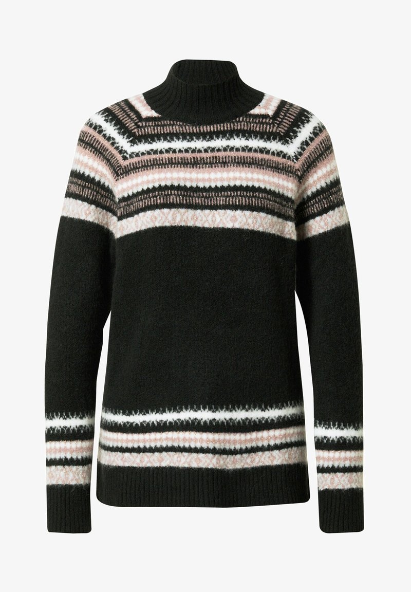 Pull à col roulé noir avec des rayures horizontales à motifs blancs, roses et bruns sur la poitrine, les manches et l'ourlet.