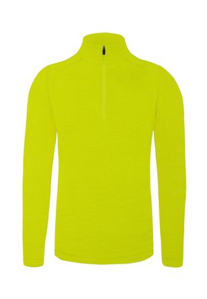 Langärmliger Pullover mit hohem Kragen in leuchtendem Neon-Gelb. Verfügt über einen halben Reißverschluss und einen glatten, strukturierten Stoff.