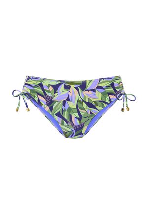 Bikinihöschen mit floralem Muster in Grün, Lila und Blau, mit verstellbaren Kordelseiten und goldfarbenen Metallakzenten.