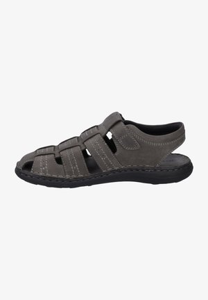 Gray leather sandal with open toe design, featuring multiple straps and contrast stitching. Textured sole for traction and support.