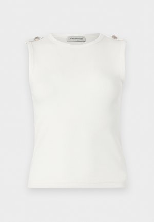 Witte mouwloze geribde top met ronde hals en decoratieve knopen op de schouderbandjes, label ANNA FIELD.