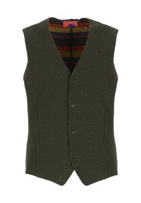 Gilet di lana verde con design a V, caratterizzato da cinque bottoni frontali e una fodera a righe multicolore visibile al colletto e ai bordi.