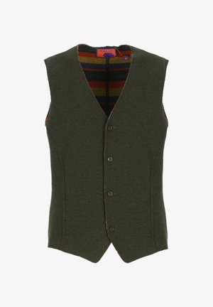 Grüne Wollweste mit V-Ausschnitt, ausgestattet mit fünf Vorderknöpfen und einem mehrfarbigen gestreiften Futter, das am Kragen und den Kanten sichtbar ist.