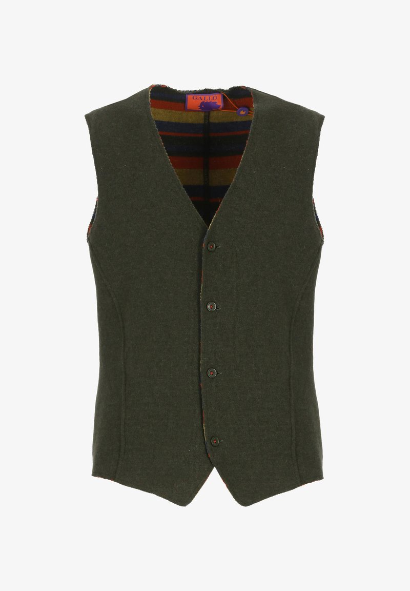 Gilet di lana verde con design a V, caratterizzato da cinque bottoni frontali e una fodera a righe multicolore visibile al colletto e ai bordi.