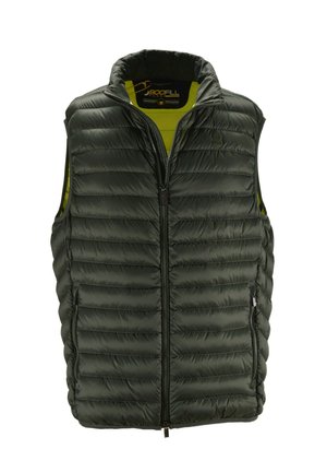 Gilet imbottito verde scuro con colletto alto, chiusura frontale con zip e design leggero e trapuntato; presenta tasche laterali e un rivestimento interno a contrasto.
