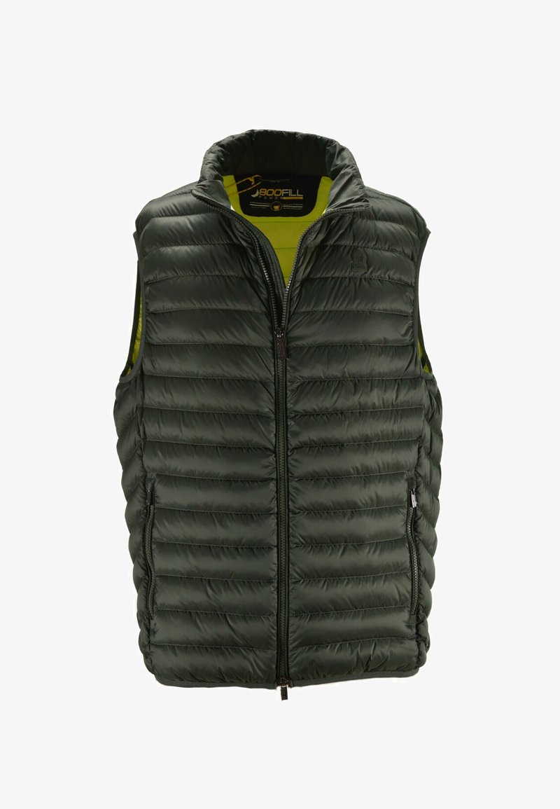 Gilet imbottito verde scuro con colletto alto, chiusura frontale con zip e design leggero e trapuntato; presenta tasche laterali e un rivestimento interno a contrasto.