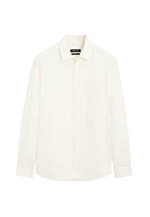 Long-sleeve, button-up shirt in creamy white. Features a classic collar and smooth, lightweight fabric. No patterns or accents present.