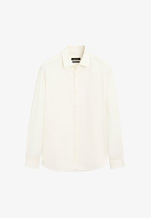 Long-sleeve, button-up shirt in creamy white. Features a classic collar and smooth, lightweight fabric. No patterns or accents present.