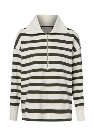 Langemouwen shirt met zwart-witte horizontale strepen, een brede kraag en een rits aan de voorkant halverwege de borst.