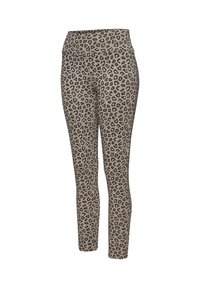 Leggings de estampado de leopardo en una combinación de colores beige claro y negro. Presentan una cintura alta y una silueta ajustada. Tejido suave y elástico.