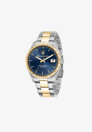 Stainless steel watch with blue dial, gold accents, water-resistant up to 100 meters, date display, and a two-tone bracelet design.