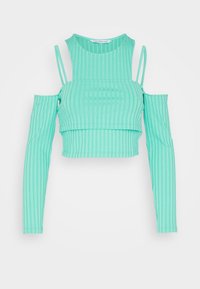 Mintunvihreä ribbattu lyhyt toppi, jossa on avonaiset hartiat, pitkä hihainen spaghetti-olkaimet ja pyöreä pääntie Calvin Klein Jeansilta.