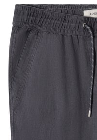 Pantalon en lin gris foncé avec taille élastique, poche latérale et cordon avec embouts métalliques.