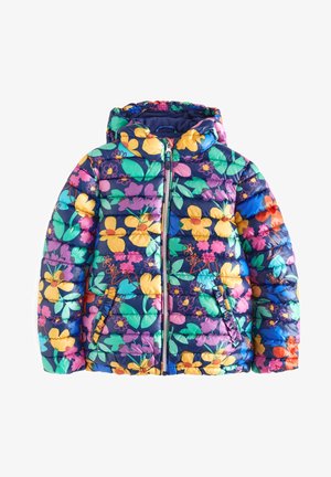 Veste matelassée pour enfant avec capuche, fermeture éclair, et motif floral multicolore en jaune, rose, vert, violet, bleu et orange sur fond bleu marine.