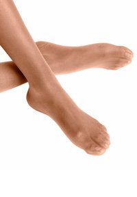 Collants nus et transparents avec une texture lisse, dévoilant les pieds et les chevilles. La couleur est uniforme sur tout le tissu. Légère brillance.