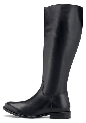 Botte d'équitation haute en cuir noir avec petit talon et bout arrondi, finition lisse et élégante, couture latérale et bord supérieur arrondi.