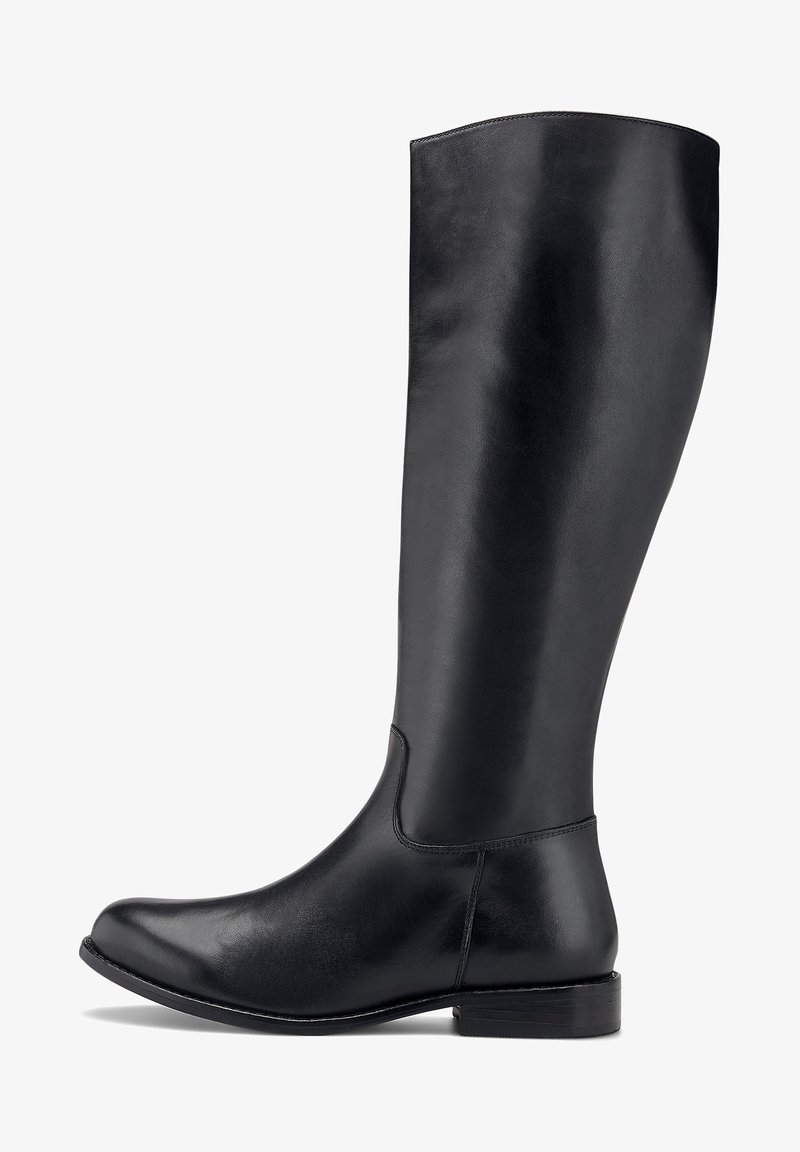 Botte d'équitation haute en cuir noir avec petit talon et bout arrondi, finition lisse et élégante, couture latérale et bord supérieur arrondi.