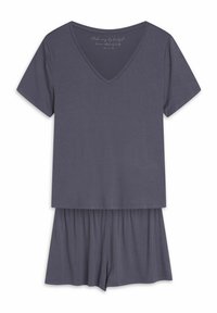 Gray two-piece loungewear set featuring a short-sleeve V-neck top and matching shorts with an elastic waistband. Soft, lightweight fabric.