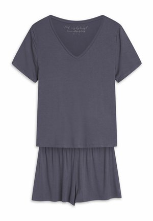 Szary dwuelementowy zestaw do wypoczynku, składający się z krótkiego rękawa topu z dekoltem w kształcie V oraz dopasowanych szortów z elastyczną talią. Miękka, lekka tkanina.