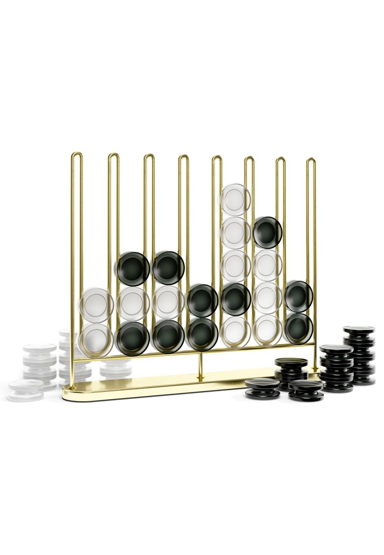 Abaco in metallo con cinque aste verticali, caratterizzato da dischi neri e bianchi disposti a diverse altezze. Base e dettagli dorati.