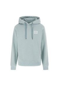 Sudadera de color azul claro hecha de tela suave, con un bolsillo delantero, cordones en la capucha, puños acanalados y un pequeño parche con el logo en el pecho.