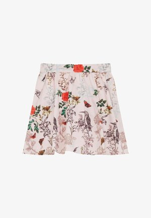 Hele roosa seelik elastse vöökohaga, millel on punaste, roheliste, pruunide ja beežide toonidega lille-, linnu- ja liblikamustrid.