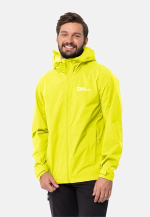 Bright yellow waterproof jacket with a hood, zip closure, and logo. Features side pockets and adjustable cuffs for a secure fit.