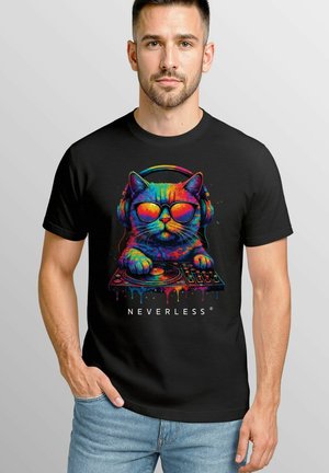 Black t-shirt featuring a colorful graphic of a cat with headphones, sunglasses, and hands on a DJ turntable, text: "NEVERLESS."