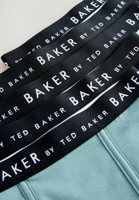 Muške bokserice u svijetlostebljoj boji s crnim pojasom. Pojas sadrži bijeli tekst: "BAKER BY TED BAKER." Glatka tekstura tkanine.