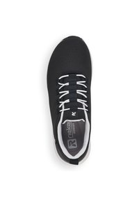 Black athletic shoe with a smooth fabric upper, featuring white laces and a cushioned inner sole. Minimal logo and no distinct patterns.