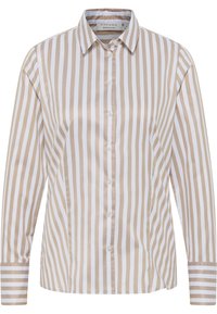 Långärmad skjorta med knappar i beige och vita vertikala ränder, med klassisk krage, mjukt tyg och manschetterade ärmar.