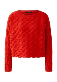 Roter Strickpullover mit welliger Textur, rundem Ausschnitt und langen Ärmeln. Das Material wirkt weich und dick und vermittelt ein gemütliches Erscheinungsbild.