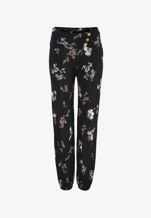 Floral trousers in black fabric, featuring a gathered waist, three-button closure, and elastic cuffs. Floral pattern with shades of pink and green.