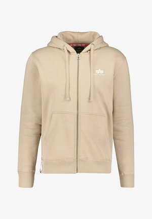 Beige mikina na zip s kapucí na stahovací šňůrku, předními kapsami, žebrovanými manžetami a lemem, s logem na levém prsu a příjemnou texturou.