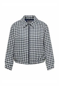 Marynarski niebieska kurtka w wzór houndstooth z kołnierzykiem, zamek błyskawiczny i elastycznym dołem. Posiada długie rękawy i teksturowany materiał.