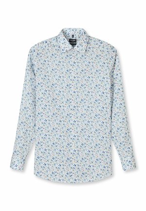 Herren-Langarmhemd mit Kragen, weißem Grund und kleinem blauem, lila und beigem Blumenmuster.