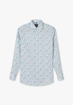 Herren-Langarmhemd mit Kragen, weißem Grund und kleinem blauem, lila und beigem Blumenmuster.