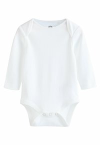 Biały bodysuit z długim rękawem wykonany z miękkiej bawełny, z okrągłym dekoltem i zapięciem na zatrzask w dolnej części, co ułatwia zakładanie.