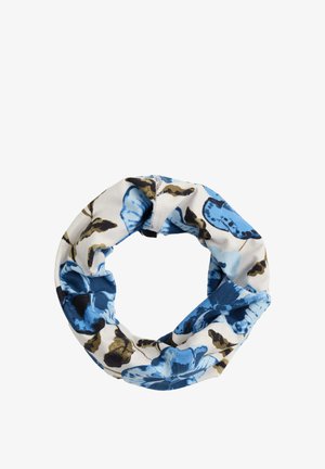 Cinta para la cabeza floral hecha de tela suave con flores azules sobre un fondo blanco, con detalles en verde y negro, en un diseño de bucle continuo.