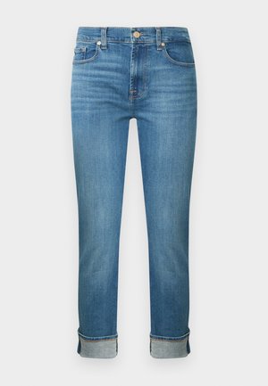 Light blue denim jeans with a straight cut, featuring five pockets, a button closure, and rolled cuffs. Smooth texture with subtle fading.