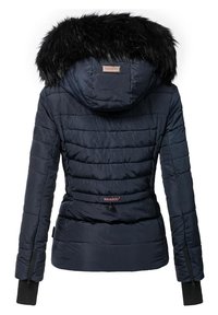 Navy puffer jacket with a faux fur-lined hood, horizontal stitching, ribbed cuffs, and an adjustable waist. Logo stitched at the waist.