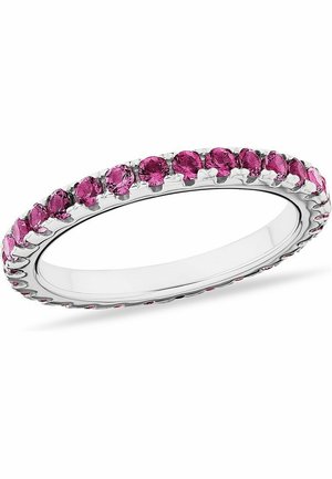 Bague en argent avec de petites pierres précieuses rondes roses serties tout autour de l'anneau dans un motif continu.