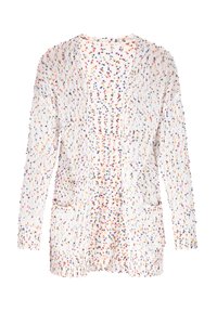 Cardigan tricotat în alb cu stropi multicolori. Are decolteu în V, față deschisă, două buzunare frontale și manșete și tiv zimțat.