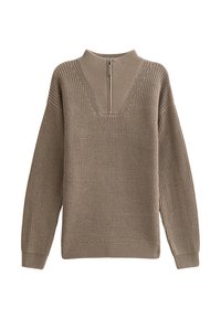 Beige gebreide trui met een hoge halslijn, korte ritssluiting, brede mouwen en een textuursteekpatroon door de stof heen.
